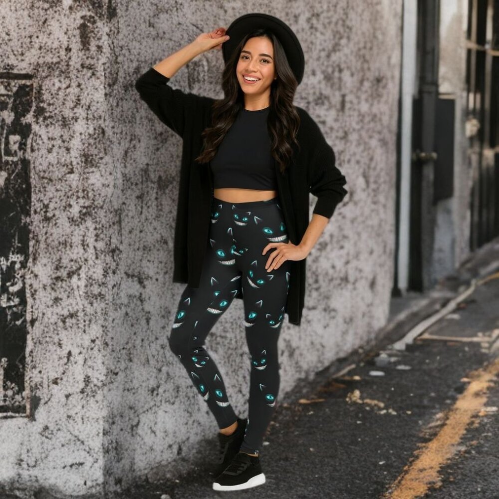 FiercePulse Cheshire Cat Mid-Rise Leggings Gothic Yoga Pants Halloween Stretchy